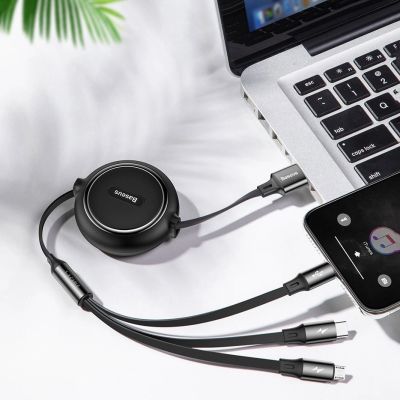 15. Baseus Golden Loop rozwijany kabel 3w1 USB - micro USB / Lightning / USB-C 3.5A 35cm - 120cm czarny (CAMLT-JH01)