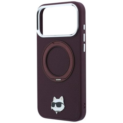 6. Etui Karl Lagerfeld with Ring Stand 360 Choupette Head Pin MagSafe na iPhone 18 Pro / 17 Pro - burgundowe