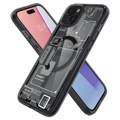 6. Etui Spigen Ultra Hybrid Mag z MagSafe na iPhone 15 Plus - ciemnoszare (wzór Zero One)