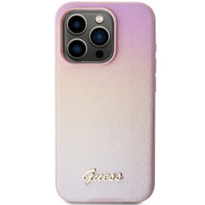 3. Etui Guess Saffiano Iridescent Script na iPhone 14 Pro - różowe