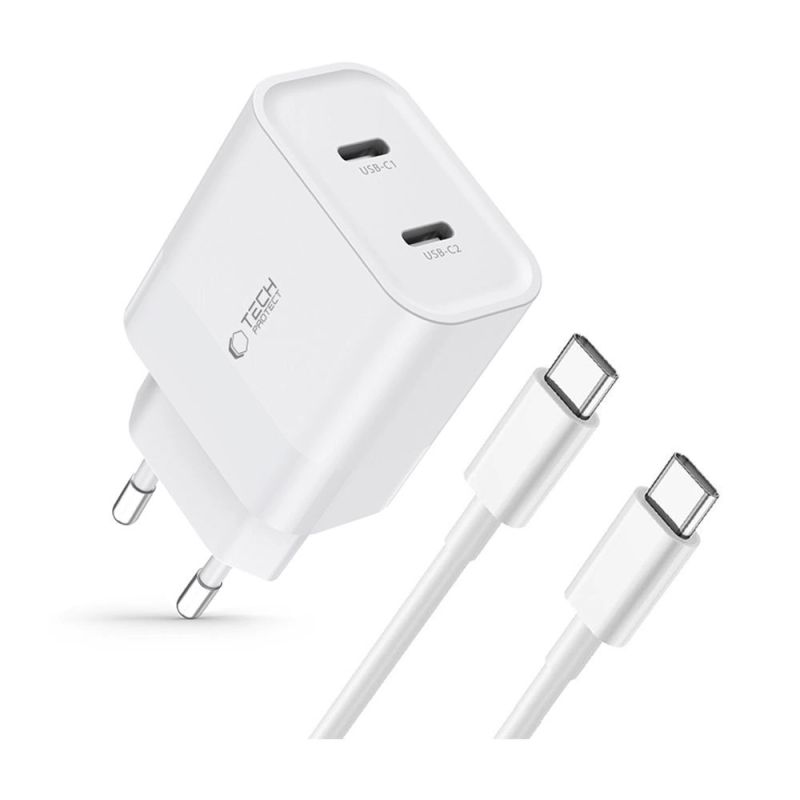 2. Ładowarka Tech-Protect C20W sieciowa 2x USB-C PD 20W z kablem USB-C / USB-C - biała