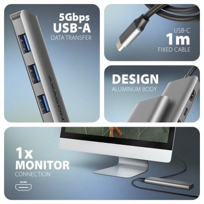 3. Axagon HMC-5H USB-C 3.2 Gen 1 hub 3x USB-A 4K HDMI PD 100W - Silber Przewodowa USB 3.2 Gen 1 (3.1 Gen 1) Type-C Srebrny