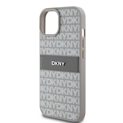 6. Etui DKNY Leather Mono Stripe & Metal Logo na iPhone 15 Plus / 14 Plus - beżowe