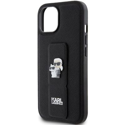 6. Etui Karl Lagerfeld Gripstand Saffiano Karl&Choupette Pins na iPhone 15 Plus / 14 Plus - czarne