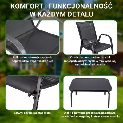 6. Klasyczny zestaw mebli ogrodowych Black Forest tekstylen dwa krzesła + stolik czarny