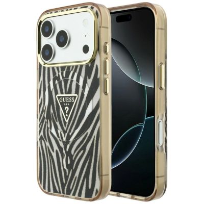 Etui Guess IML Zebra Glitter Triangle Logo MagSafe iPhone 17 Pro / 18 Pro - złote