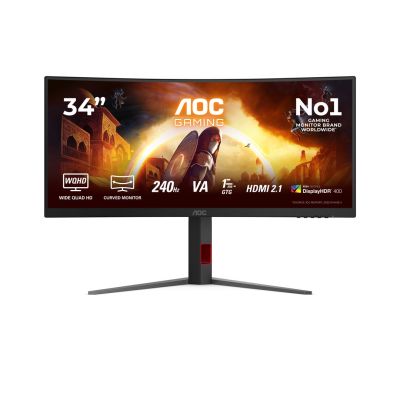 36. Monitor AOC CU34G4Z 34-calowy, Szybkie VA, WQHD 21:9, 240 Hz, 1 ms, 3440 x 1440 pikseli, 450 cd/m2, ilość portów HDMI: 2, kolor czarny
