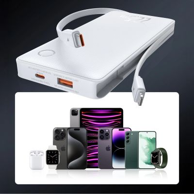 12. Powerbank Baseus Airpow Lite 10000mAh 22,5W z wbudowanymi kablami USB-C i Lightning - biały