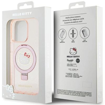 8. Etui Hello Kitty Ring Stand Glitter Electrop Logo MagSafe na iPhone 15 Pro - różowe