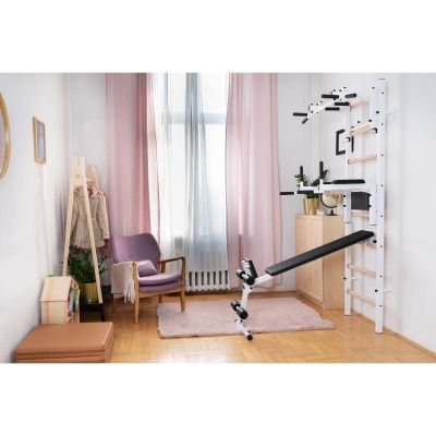 21. DRABINKA GIMNASTYCZNA DREWNIANO METALOWA Z DRĄŻKIEM, ŁAWKĄ I AKCESORIAMI BENCHK 233W