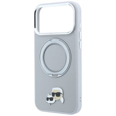 6. Etui Karl Lagerfeld with Ring Stand 360 Karl & Choupette Heads Pin MagSafe na iPhone 18 Pro / 17 Pro - szare