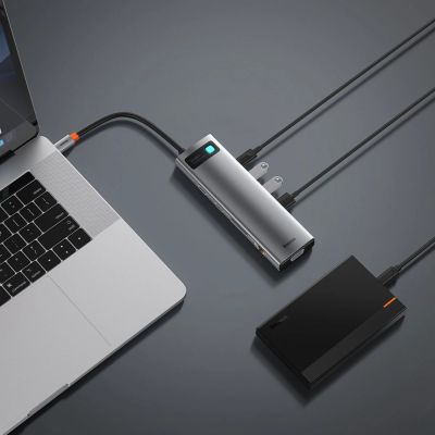 9. Baseus Metal Gleam 11w1 wielofunkcyjny HUB USB Typ C - 3x USB 3.2 Gen 1 5Gbps / USB Typ C PD 100W / 3,5 mm mini jack AUX / VGA Full HD 60Hz / 2x HDMI 4K 30Hz / czytnik kart TF i SD / RJ45 1Gbps szary (CAHUB-CT0G)