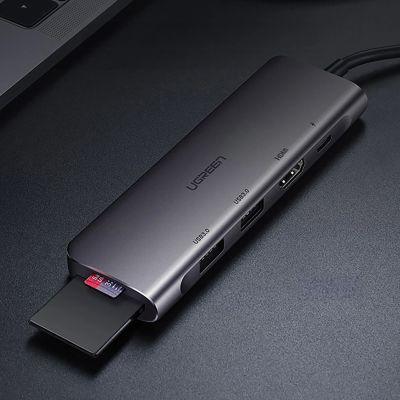 6. Adapter Ugreen CM195 6w1 USB-C - HDMI / 2x USB-A 3.0 / USB-C PD / czytnik SD / TF - szary