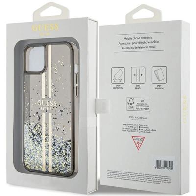 8. Etui Guess Liquid Glitter Gold Stripes na iPhone 15 Plus / 14 Plus - czarne