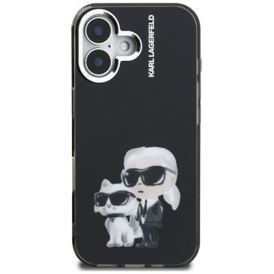 3. Etui Karl Lagerfeld IML Aquarelle Karl & Choupette & Logo na iPhone 16 - czarne