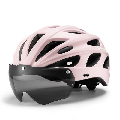 2. Kask rowerowy Rockbros z szybką, odpinane okulary z ochroną UV, odłączany daszek, unisex - różowy