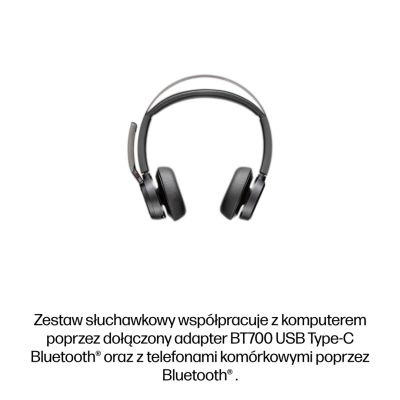 346. POLY Zestaw słuchawkowy Voyager Focus 2 z certyfikatem Microsoft Teams USB-C-C + przejściówka USB-C/A + podstawka ładująca