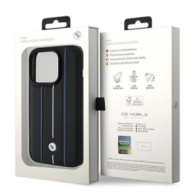 8. Etui BMW Leather Stamp Blue Line na iPhone 15 Pro Max - czarne