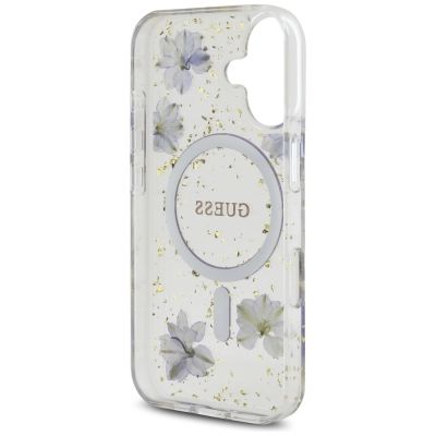 7. Etui Guess Resin Flowers Glitter MagSafe na iPhone 16 - fioletowe