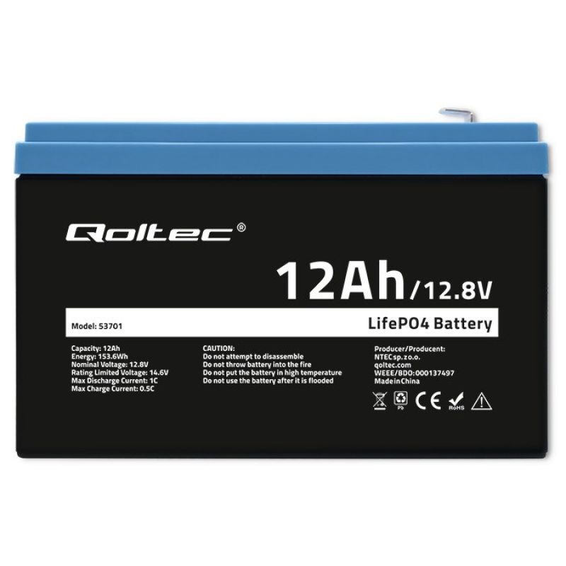 5. Qoltec Akumulator LiFePO4 Litowo-Żelazowo-Fosforanowy 12.8V 12Ah 153.6Wh BMS