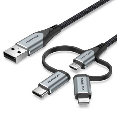 3. Kabel Vention USB-A  3w1 Micro-B USB-C Lightning 1m szary