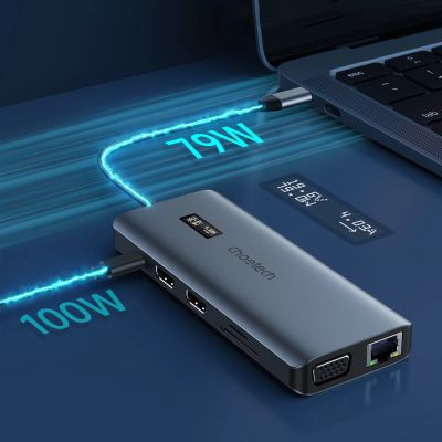 3. Choetech HUB wielofunkcyjny z wyświetlaczem 12w1 USB-C do 1xUSB-C/4xUSB-A/2xHDMI/1xVGA/1xAUX/czytnik kart pamięci szary (HUB-M26)