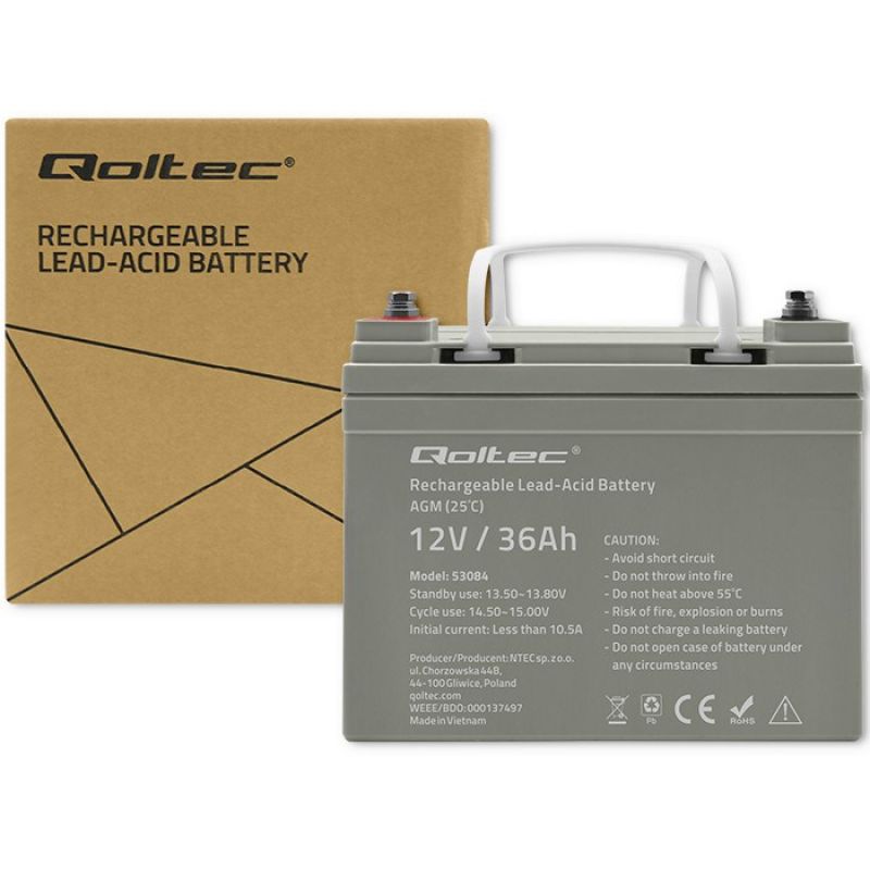 5. Qoltec  Akumulator AGM | 12V | 36Ah | Bezobsługowy | Wydajny | LongLife | do UPS, skutera