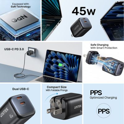 9. UNITEK ŁADOW. SIECIOWA 2X GAN 45W, 2XUSB-C PD 3.0, QC, CZARNA