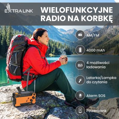 26. Extralink RADIO AWARYJNE SOLARNE Z KORBKA DYNAMO POWERBANK 4000MAH Z LATARKA SOS SR-4000 Przenośny Analogowy Czarny, Pomarańczowy