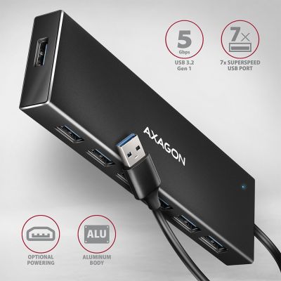 3. Axagon HUE-F7A 7x USB 3.2 Gen 1 ALU FLAT hub micro power IN 1m USB-A USB 3.2 Gen 1 (3.1 Gen 1) Type-A 5000 Mbit/s Czarny