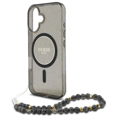 5. Etui Guess IML Glitter With Pearl Strap MagSafe na iPhone 16 - czarne