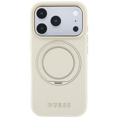 3. Etui Guess Ring Stand 360 Grained Classic Logo MagSafe na iPhone 18 Pro / 17 Pro - beżowe