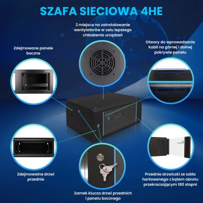 18. Extralink Szafa rack 4U 600x450 Czarna montowana na ścianie