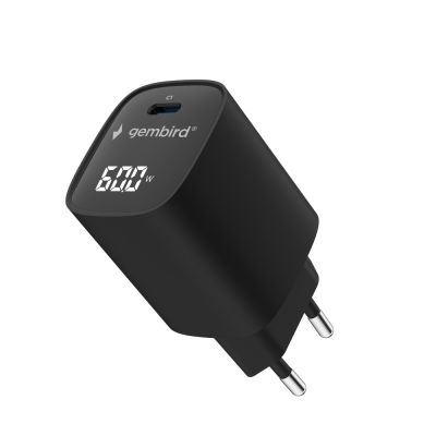 2. GEMBIRD 1-PORTOWA SZYBKA ŁADOWARKA SIECIOWA (PD) USB TYP - C, 60W, LCD, CZARNA