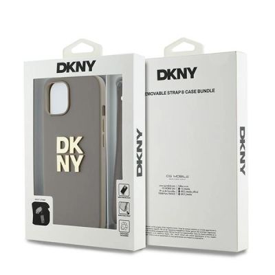 7. Etui DKNY Wrist Strap Stock Logo na iPhone 15 Plus - beżowe