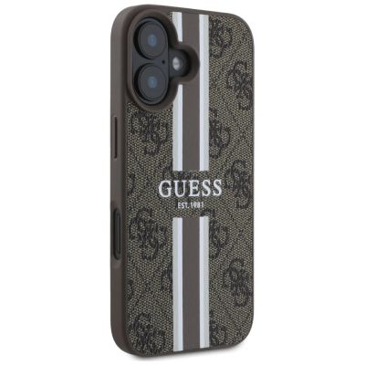 12. Etui Guess 4G Printed Stripes MagSafe na iPhone 16 - brązowe