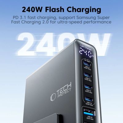 7. Stacja ładująca Tech-Protect DC240W-GaN 6 portów 4 x USB-C 2 x USB-A 240W QC3.0 - czarna
