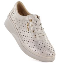 Skórzane półbuty damskie ażurowe na koturnie złote Vinceza 79603