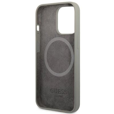 7. Etui Guess Silicone Logo Plate MagSafe na iPhone 13 Pro Max - szare