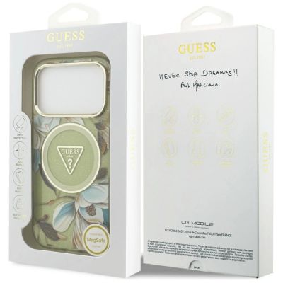 8. Etui Guess IML Glitter Flowers Triangle MagSafe na iPhone 17 Pro Max - zielone