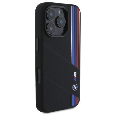 4. Etui BMW Silicone Cut Tricolor Lines MagSafe na iPhone 16 Pro - czarne
