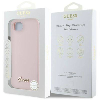 8. Etui Guess Silicone Script Metal Logo MagSafe na iPhone 16e - różowe