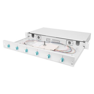 10. Panel krosowy FO z wyposażeniem 19'' 1U, 6x LC dx, OM3, pigtaile, adaptery, tacki, wysuwany, szary