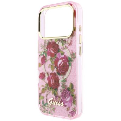 6. Etui Guess IML Glitter Blossom Roses na iPhone 17 Pro / 18 Pro - różowe
