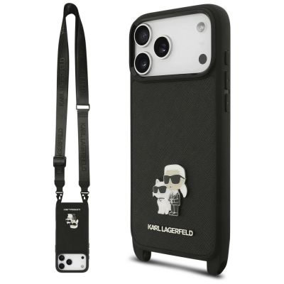 Etui Karl Lagerfeld Saffiano Karl&Choupette Metal Pin CBDY Strap na iPhone 18 Pro Max / 17 Pro Max - czarne