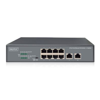 14. Przełącznik sieciowy niezarządzalny 19" 8x RJ45 10/100 Mb/s, 2x FastEthernet uplink, PoE+ 120W budżet