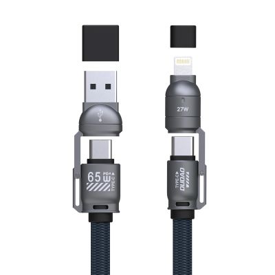 3. Kabel Dudao L20Max 65W 4w1 ze smyczą USB-C do USB-C z adapterami Lightning i USB-A - niebieski