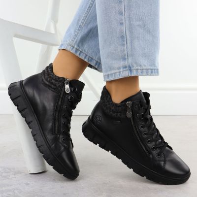 5. Skórzane wodoodporne botki damskie na podwyższeniu czarne Rieker N1305-00