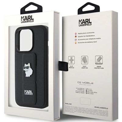 9. Etui Karl Lagerfeld Gripstand Saffiano Choupette Pins na iPhone 15 Pro Max - czarne