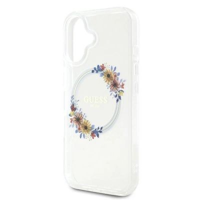 6. Etui Guess IML Flowers Wreath MagSafe na iPhone 16 Plus - przezroczyste